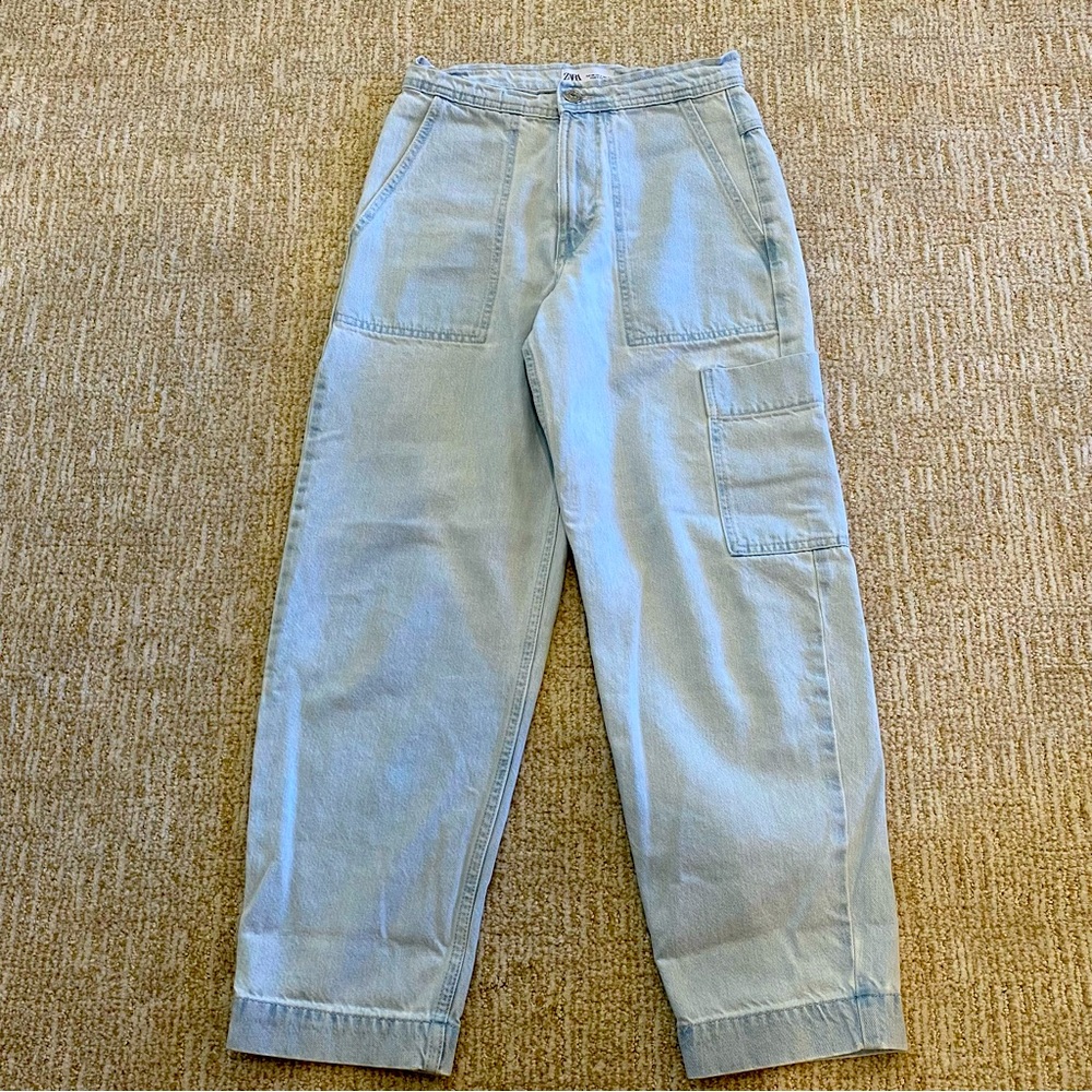 Zara Light Blue cotton denim Cargo Barrel jeans size 2